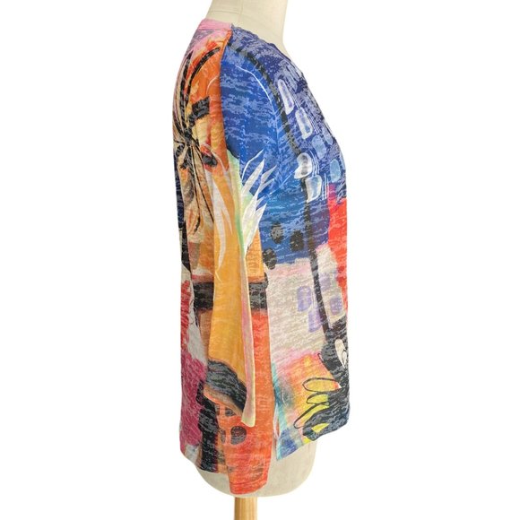 Jess & Jane Burnout Artsy Shirt Abstract Colorful Floral Lagenlook Maximalism-M - Picture 5 of 12